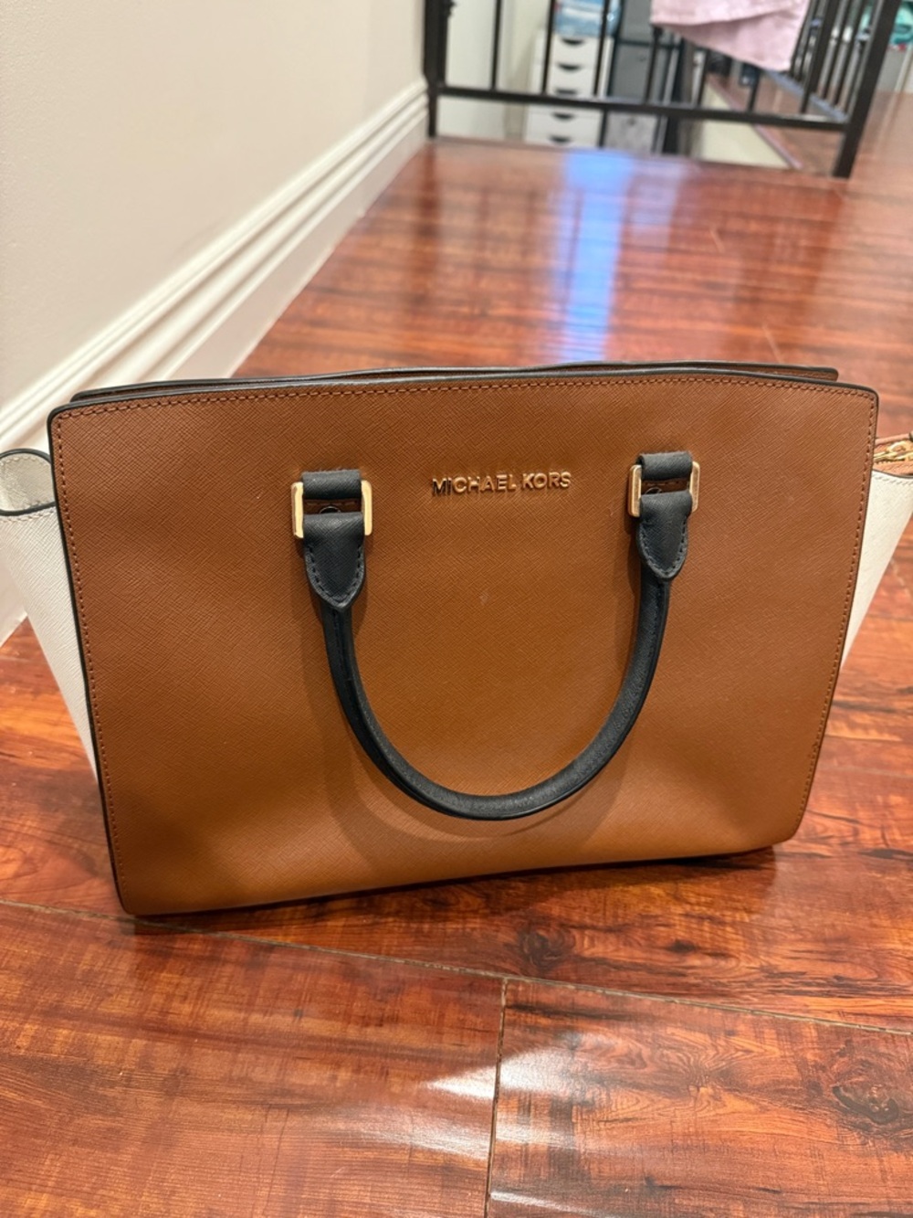Michael Kors Tan and Black Saffiano Leather Satchel